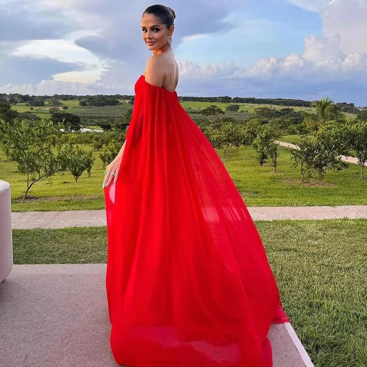 Luolandi Red Off Shoulder A-Line Long Formal Prom Dress Evening Gown Solid Color Elegant